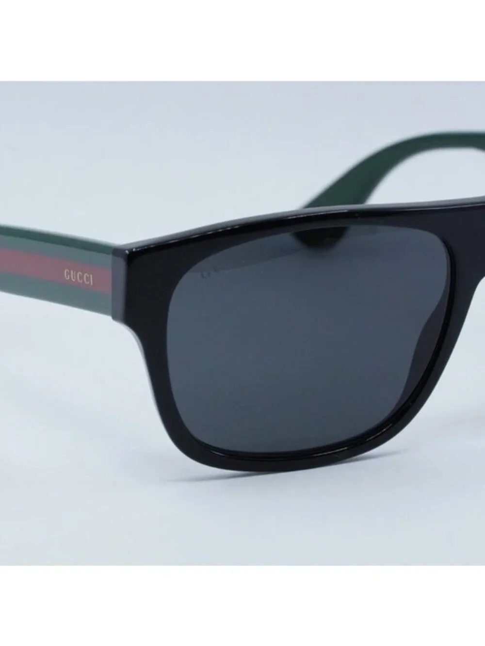 Gucci GG0341S 001 Sunglasses Black and Green with Red Stripe Square Frame